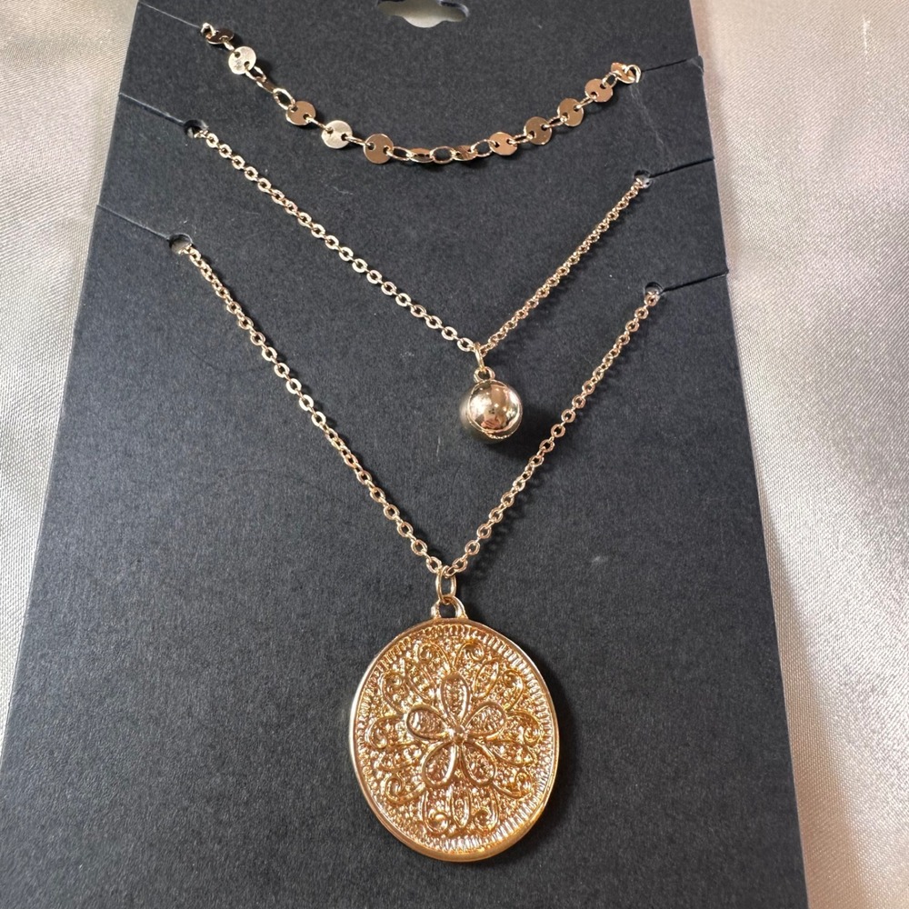 Area Stars 14K Gold Plated Brass Layered Necklace Set Medallion Boho Gold NEW